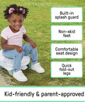 Road Warrior 2 In 1 Portable Baby And Toddler Travel Potty Seat With Secure Snap Ring Lightweight Foldable Design Includes Carry Bag And Quick Liners on grass with child, featuring splash guard and foldable legs.