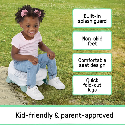 Road Warrior 2 In 1 Portable Baby And Toddler Travel Potty Seat With Secure Snap Ring Lightweight Foldable Design Includes Carry Bag And Quick Liners on grass with child, featuring splash guard and foldable legs.