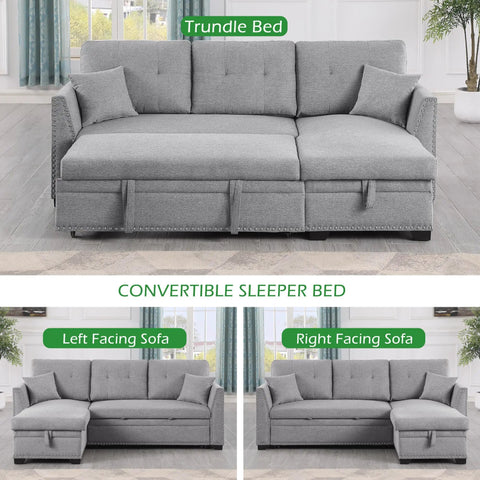 Straight Up Comfy 82 Inch Sectional Sofa Bed With Hidden Storage Chaise Drawer And Easy Pull Out Sleeper Frame Tailored For Studio Apartments Or Tight Rooms, grey fabric, shown as left and right facing options.
