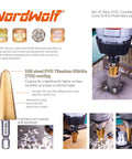 12 Piece HSS Titanium Drill Bit Set With Metric Step Drills 5 9 14 Steps And Cone Drill 4 12 20 32 MM Countersink Bits 6 Sizes Quarter Inch Hex Shank Pro Grade Multi Drill Saw And Automatic Center Punch In Durable Storage Case shown in use with drilling setup and tools.