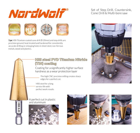 12 Piece HSS Titanium Drill Bit Set With Metric Step Drills 5 9 14 Steps And Cone Drill 4 12 20 32 MM Countersink Bits 6 Sizes Quarter Inch Hex Shank Pro Grade Multi Drill Saw And Automatic Center Punch In Durable Storage Case shown in use with drilling setup and tools.