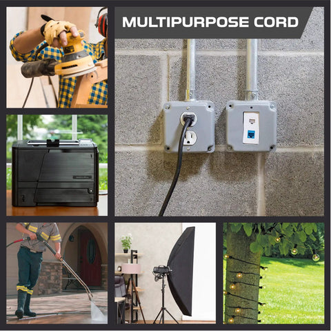 Durable Rock Solid 14 Gauge Extension Cord With Triple Plugs 10 Foot Black SJTW Heavy Duty Power Strip connected to outlets.