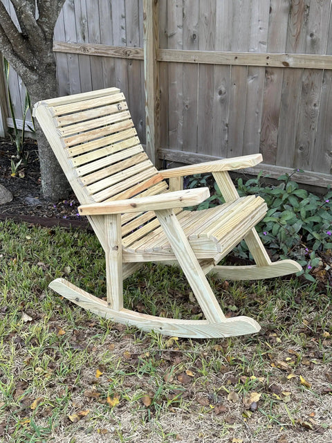 Dead Easy Outdoor Rocking Chair Plans With Smooth Ride Precision Mdf Templates And Goof Proof Step By Step Guide For Ultimate Backyard Kickback Lounge Made In Usa - wooden rocking chair on grass.