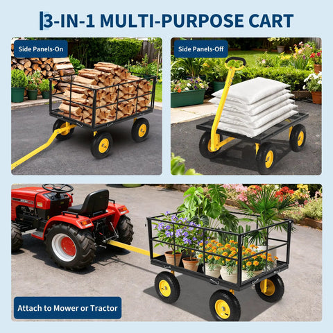 Heavy Duty Steel Garden Cart 1500 Lb Load, 3 In 1 Utility Wagon With Removable Mesh Sides and 13 Inch All Terrain Wheels in garden