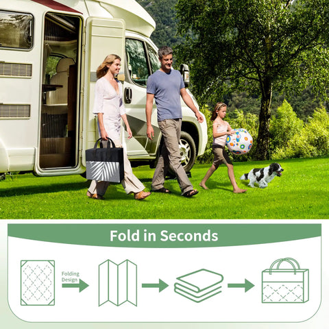 Family with Waterproof Outdoor Rug 5x8 Feet Double-Sided Palm Leaf Pattern Grey And White Plastic Patio Mat near RV