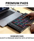 Dope Beat Making MIDI Controller with 16 Velocity Sensitive RGB Pads and Aftertouch next to laptop, MPC Software Integration shown