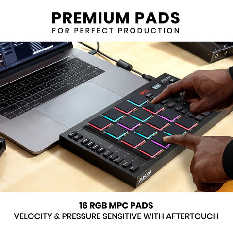 Dope Beat Making MIDI Controller with 16 Velocity Sensitive RGB Pads and Aftertouch next to laptop, MPC Software Integration shown