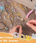 Hands crafting necklace with 60 Pcs Mini Crown Charms For Crafts 3D Hollow Queen Crown Beads in gold and silver for DIY jewelry projects