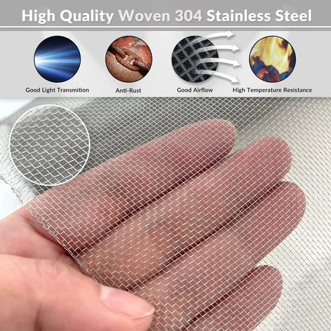 Close-up of Rugged Stainless Steel Wire Mesh Screen 50x120 Inches Plain Weave 30 Mesh on hand, showing flexibility and rust resistance