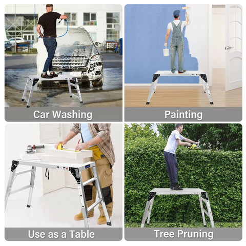 Heavy Duty Aluminum Work Platform Foldable Scaffold With Large 39.4 By 18.5 Inch Surface, 330 Lb Capacity, Seven Position Height From 24 To 35 Inches, Portable Ladder Style Work Stand For DIY, Painting, And Home Repairs used for car washing, painting, table use, and tree pruning