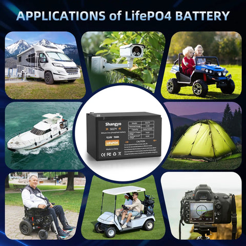 Portable 12V 15Ah LiFePO4 battery with charger for trolling motors, solar, wind power in diverse applications like RVs and golf carts