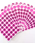 600 Count Pink Pre-Priced Garage Sale Stickers Labels For Pricing Items laid out in a fanned display highlighting different price points.