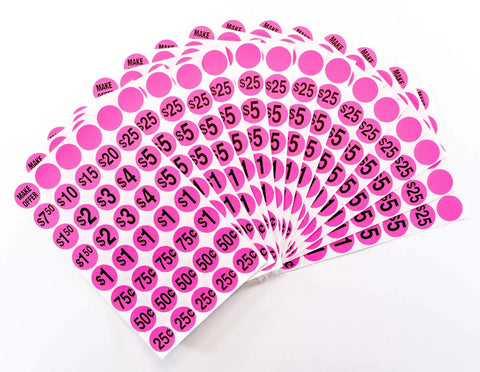 600 Count Pink Pre-Priced Garage Sale Stickers Labels For Pricing Items laid out in a fanned display highlighting different price points.