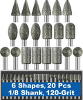 Front view of a 20-piece diamond grinding bit set with 1/8 in shanks, 120-grit, six shapes