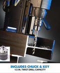 Evolution EVOMAG42 magnetic drill system with blue handle drilling into steel angle.