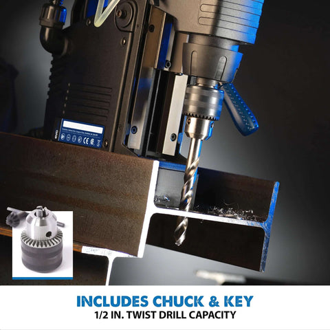 Evolution EVOMAG42 magnetic drill system with blue handle drilling into steel angle.