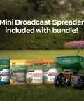 Lawn Care Bundle for Small Northern Lawns With EdgeGuard Mini Broadcast Spreader and four Scotts Turf Builder bags.