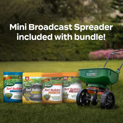 Lawn Care Bundle for Small Northern Lawns With EdgeGuard Mini Broadcast Spreader and four Scotts Turf Builder bags.