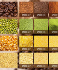 Metal grain mill attachment for KitchenAid; collage of dry grains and seeds with speed labels 1-2, 3-5, 6-7.