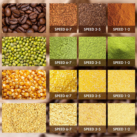 Metal grain mill attachment for KitchenAid; collage of dry grains and seeds with speed labels 1-2, 3-5, 6-7.