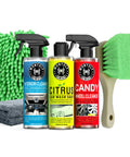 Complete All In One Car Wash And Detailing Kit with soap, wheel cleaner, brush, microfiber cloths for cars, trucks, SUVs, RVs