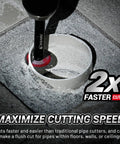 Inside Pipe Cutter For PVC Pipes With Diamond Grit Blades That Last Ten Times Longer, cutting PVC pipe on gray surface