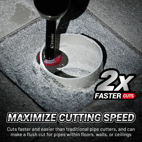 Inside Pipe Cutter For PVC Pipes With Diamond Grit Blades That Last Ten Times Longer, cutting PVC pipe on gray surface