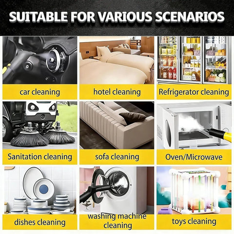 Image showcasing various cleaning scenarios using High Pressure Steam Cleaner 3000W Heavy Duty Portable Steamer With 3.5L Tank.