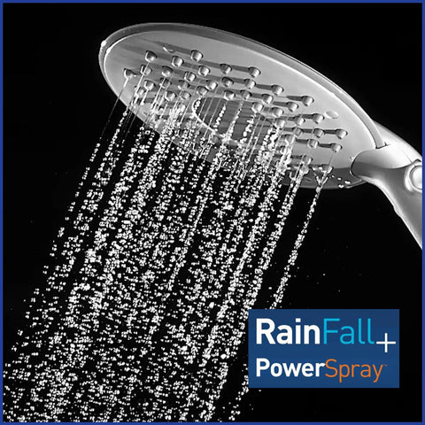 Flexible Arm Rainfall Shower Head With 12 Inch Flex Neck And 7.5 Inch Large Face, No-Fuss Adjustable Height For Tall And Short, Easy DIY Install, 1.8 GPM White spraying water