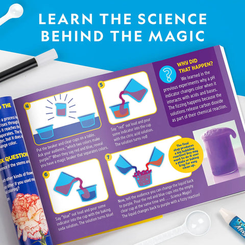 Instruction booklet showing steps in the Magic Chemistry Kit For Kids With 10 Mind Blowing Tricks, STEM projects and science experiments