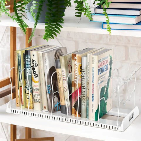 Built Tough Expandable Pan Rack With Ten Adjustable Compartments Heavy Duty Kitchen Pot Organizer with ten books organized upright.