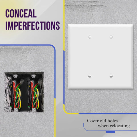 Oversized Two Gang Blank Outlet Cover For Heavy Duty Walls Built Tough With Unbreakable Polycarbonate Thermoplastic UL Listed Gloss White Wall Plate Measuring Five Point Five Inches By Five Point Five Inches No Cutouts against wall.