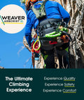 Arborist climbing tree with top grain leather arborist pruner pouch, showing safety gear and harness in action for tree care professionals.