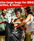 People using 65 Gallon Heavy Duty Trash Bags 50x60 Inches Extra Large Black Contractor Liners for outdoor event cleanup
