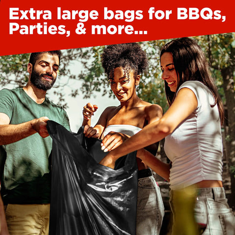 People using 65 Gallon Heavy Duty Trash Bags 50x60 Inches Extra Large Black Contractor Liners for outdoor event cleanup