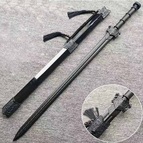 2 Pack Beefy High Strength Polypropylene Practice Swords With Sheath Display Stand And Belt Ancient Style Training Blades shown