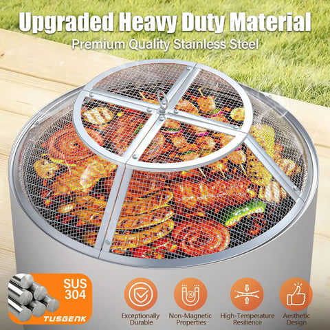15 Inch Stainless Steel Fire Pit Spark Screen With Detachable Mesh Smokeless Shield for Roasting and Grilling on Round Pits
