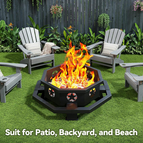 43 Inch Outdoor Wood Burning Fire Pit With Poker Octagonal Design Heavy Duty Steel Black Fits Up To 25 Lbs for backyard