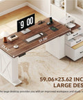 Farmhouse Electric Standing Desk 75.5 Inch With Drawers And Storage Adjustable Height Sit Stand Computer Office Desk White Walnut Color Power Outlets Ergonomic Workstation For Home Office top view showcasing large 59.06x23.62 inch desktop with storage.