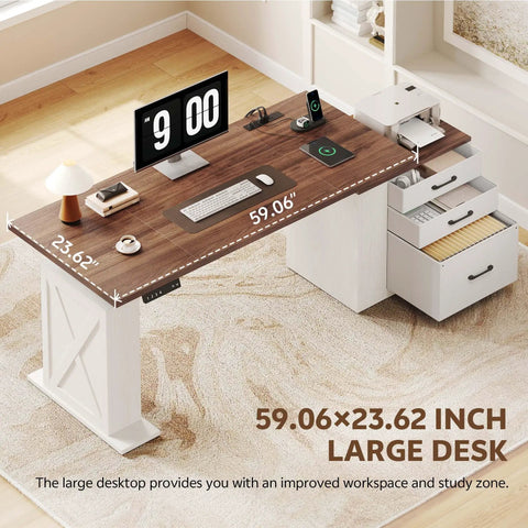 Farmhouse Electric Standing Desk 75.5 Inch With Drawers And Storage Adjustable Height Sit Stand Computer Office Desk White Walnut Color Power Outlets Ergonomic Workstation For Home Office top view showcasing large 59.06x23.62 inch desktop with storage.