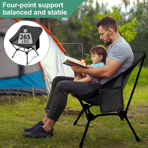 Man reading to child in adjustable height lightweight camping chair with carry bag and side pockets portable folding chair