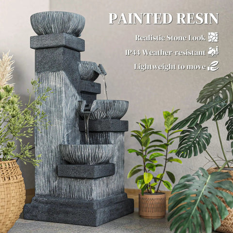 Four Tier Outdoor Water Fountain With LED Lights, 33.5 Inch Tall Resin Cascading Bowls Waterfall For Garden Patio Backyard