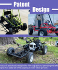 Three go karts showing various designs; green frame, red frame, and black frame equipped with heavy duty go kart pedals kit with brake and throttle pedals replacement for Yerf Dog Go Karts Predator 212cc 196cc go kart accessories parts beefed up thick metal build easy install.
