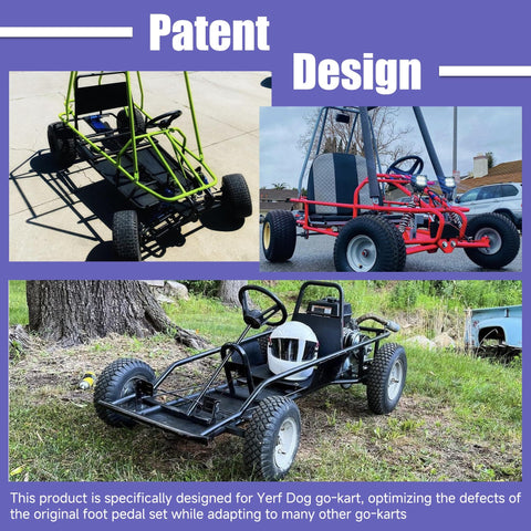 Three go karts showing various designs; green frame, red frame, and black frame equipped with heavy duty go kart pedals kit with brake and throttle pedals replacement for Yerf Dog Go Karts Predator 212cc 196cc go kart accessories parts beefed up thick metal build easy install.