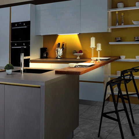 Kitchen with Two Pack Rechargeable Wireless LED Closet Lights With Motion Sensor illuminating under counter