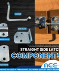 Heavy Duty Zinc Plated Steel Straight Stake Latch Set 30 Pack for Utility Trailers, showcasing latch components and mounting options.