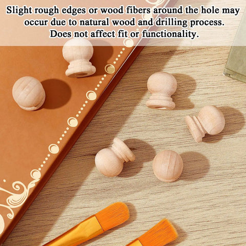 50 Pack Unfinished Wood Finials And Dowel Rod Caps With Classic Ball Shape For DIY Cabinet Hardware And Furniture Upgrades on a wooden surface