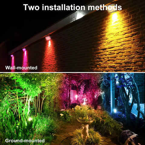 RGBW Landscape Lighting System With Remote And Transformer, wall-mounted and ground-mounted LED spots in garden