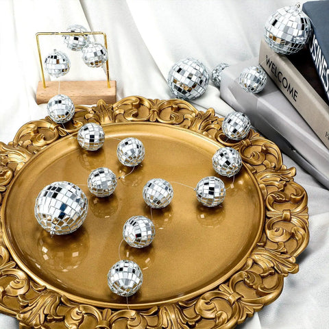 8 Pack Mini Disco Ball Garlands Silver Mirror Balls on decorative tray for party backdrop and decor