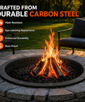 Smokeless 48 Inch Fire Pit Ring With Perforated Steel Insert, visible in stone patio setting with firewood and flames.